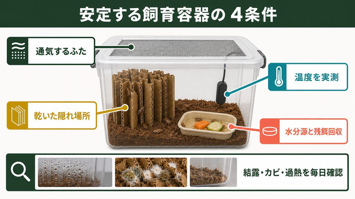 通気・温度実測・隠れ場所・水分源でデュビア飼育容器を整える図
