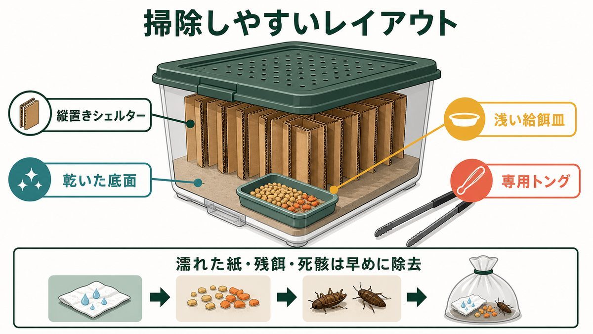 縦置きシェルターと乾いた底面で掃除しやすいデュビア容器を作る図