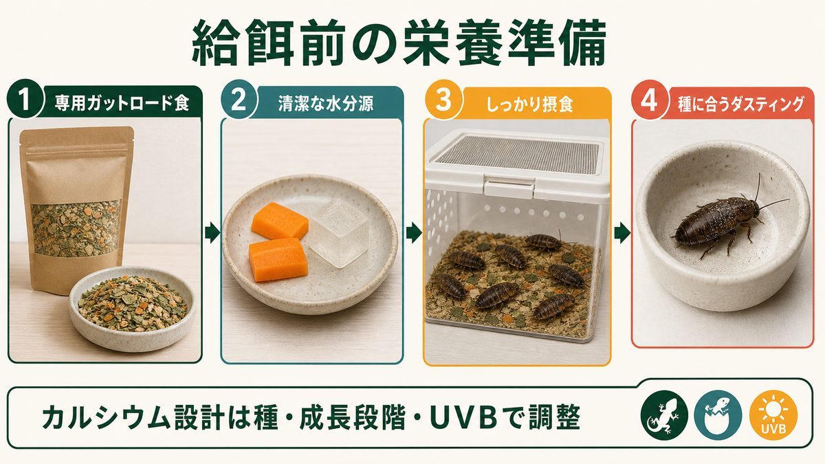 デュビアのガットロード・水分源・摂食・ダスティングの栄養準備図