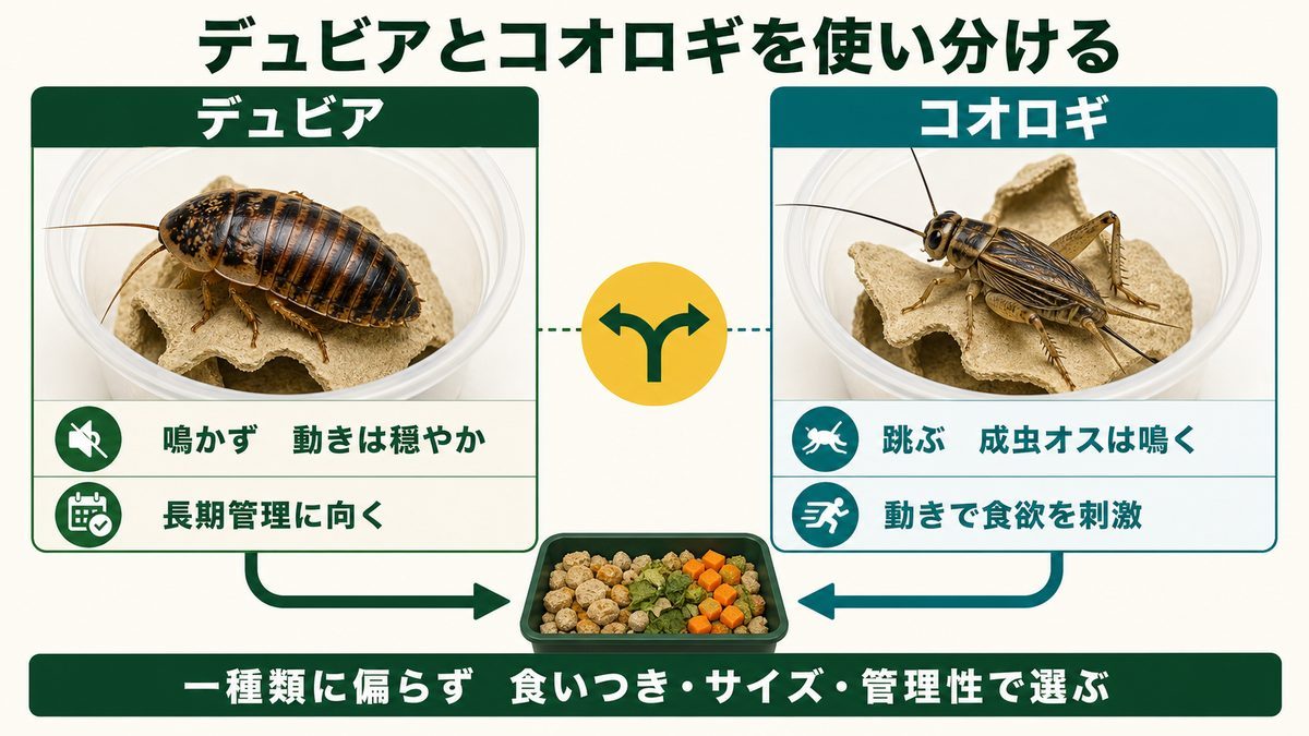 デュビアとコオロギの動き・管理性・食欲刺激を比較した図