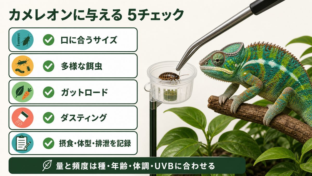 カメレオンへのデュビア給餌でサイズ・餌の多様性・栄養・記録を確認する図