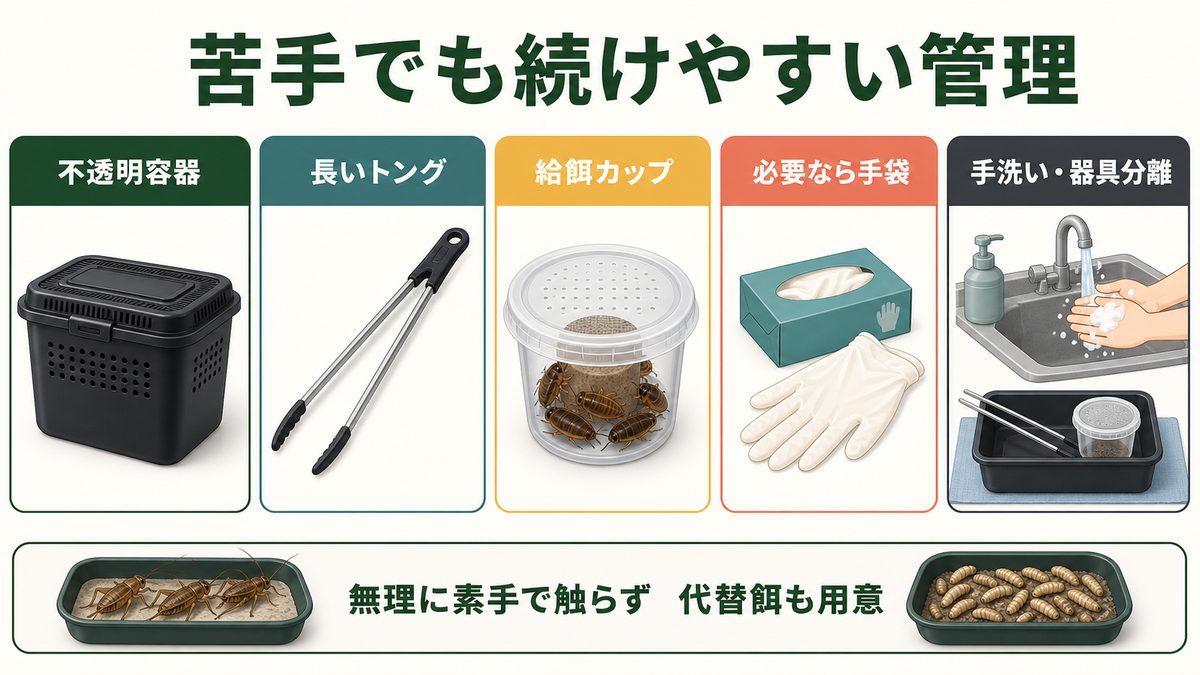 デュビアを素手で触らず容器・トング・カップ・手袋で衛生管理する図