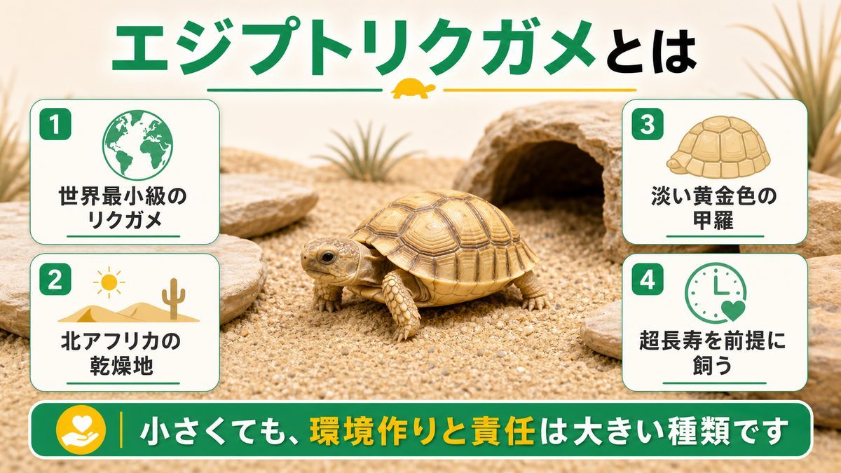 エジプトリクガメとは？世界最小の砂漠リクガメの要点をまとめたカメレオン・爬虫類飼育インフォグラフィック