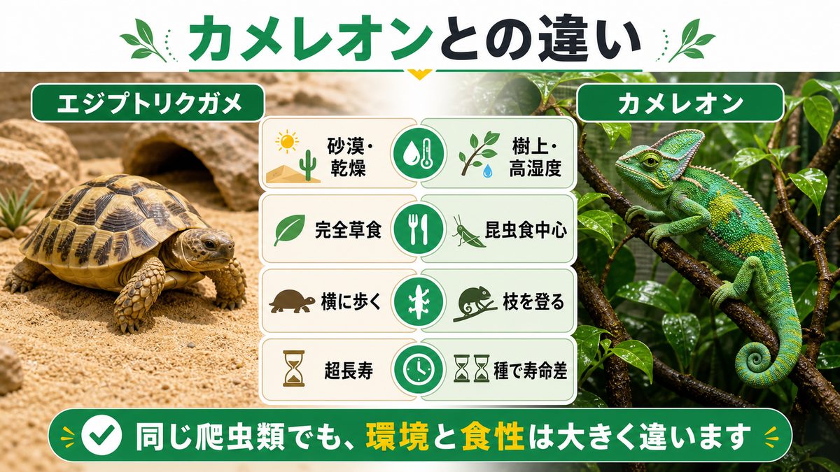 カメレオンとの違い：砂漠の草食vs熱帯の昆虫食の要点をまとめたカメレオン・爬虫類飼育インフォグラフィック