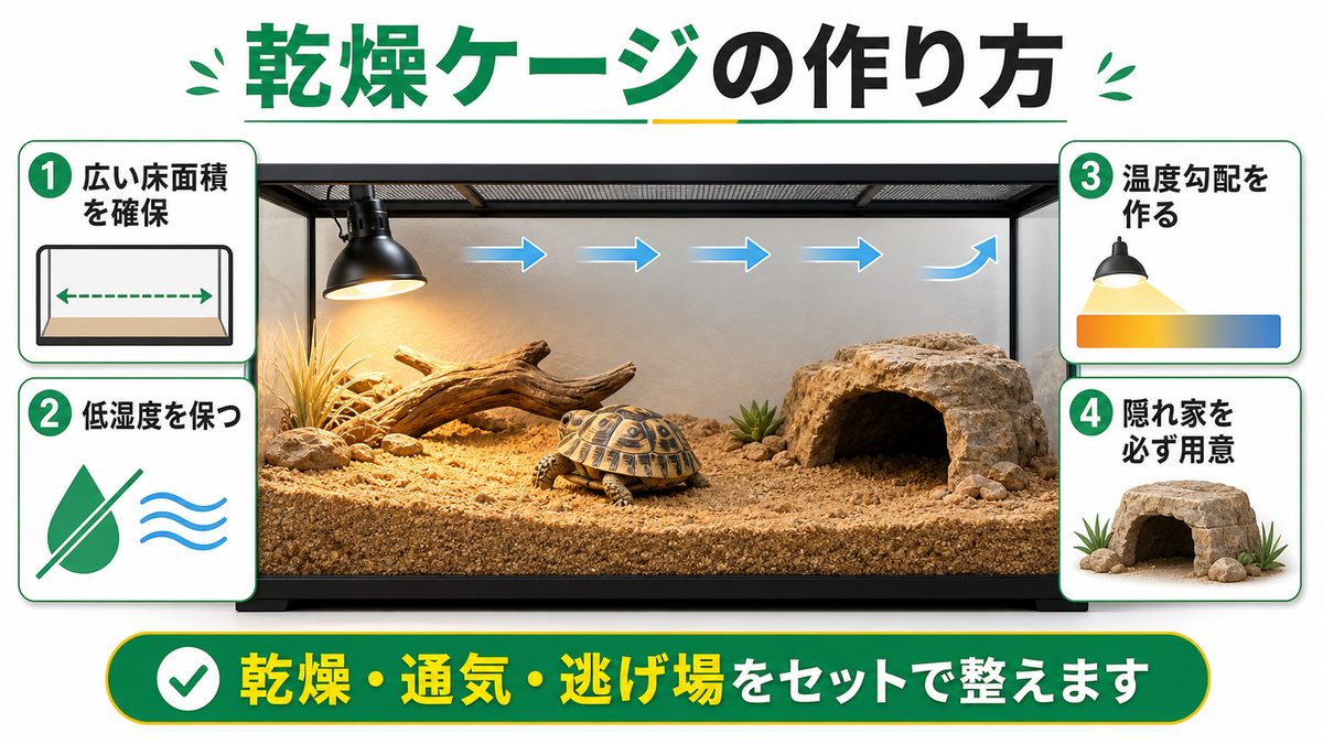 飼育ケージと乾燥環境の作り方の要点をまとめたカメレオン・爬虫類飼育インフォグラフィック