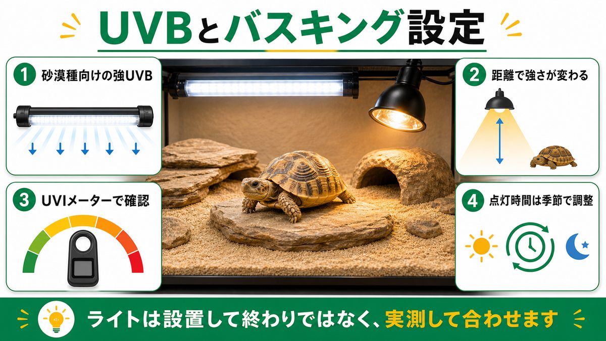UVBライト・バスキングの設定の要点をまとめたカメレオン・爬虫類飼育インフォグラフィック