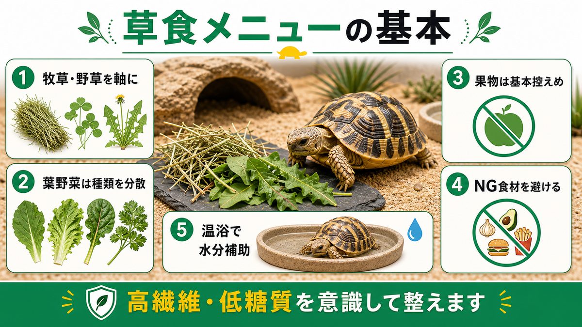 草食メニューと餌の与え方の要点をまとめたカメレオン・爬虫類飼育インフォグラフィック