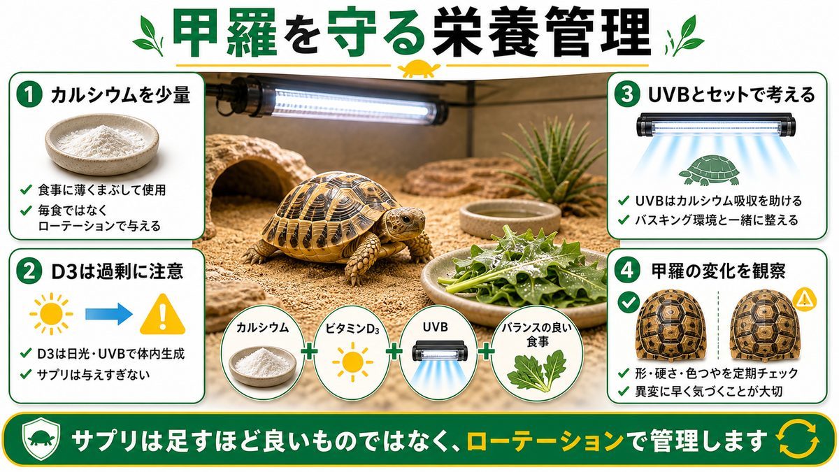 カルシウムサプリと甲羅の健康管理の要点をまとめたカメレオン・爬虫類飼育インフォグラフィック