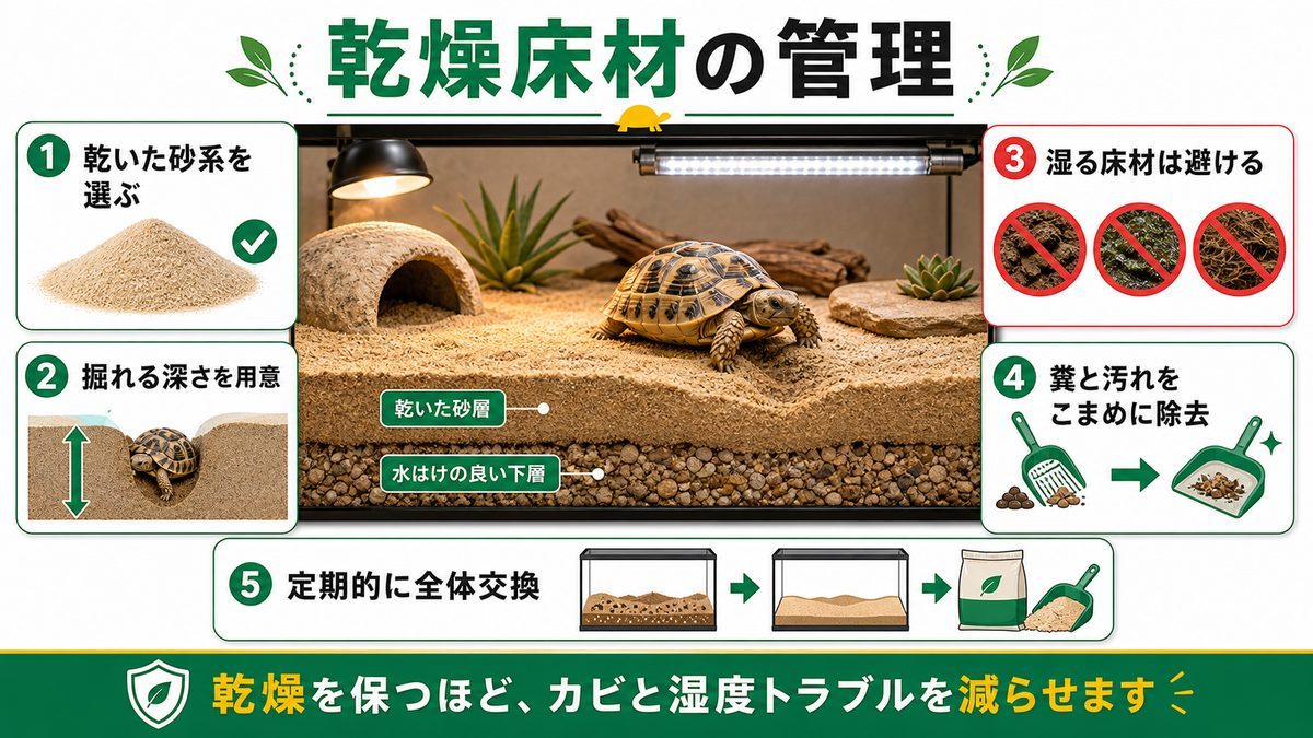 乾燥床材の選び方と管理の要点をまとめたカメレオン・爬虫類飼育インフォグラフィック