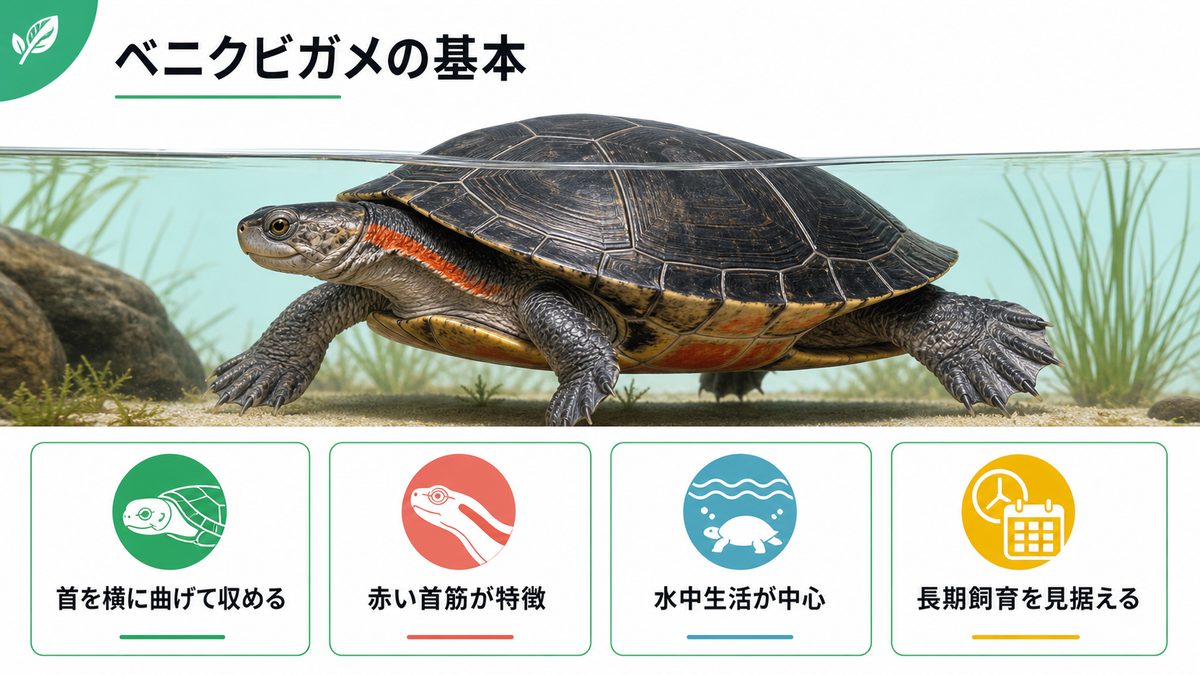 ベニクビガメの基本情報の要点をまとめたカメレオン・爬虫類飼育インフォグラフィック