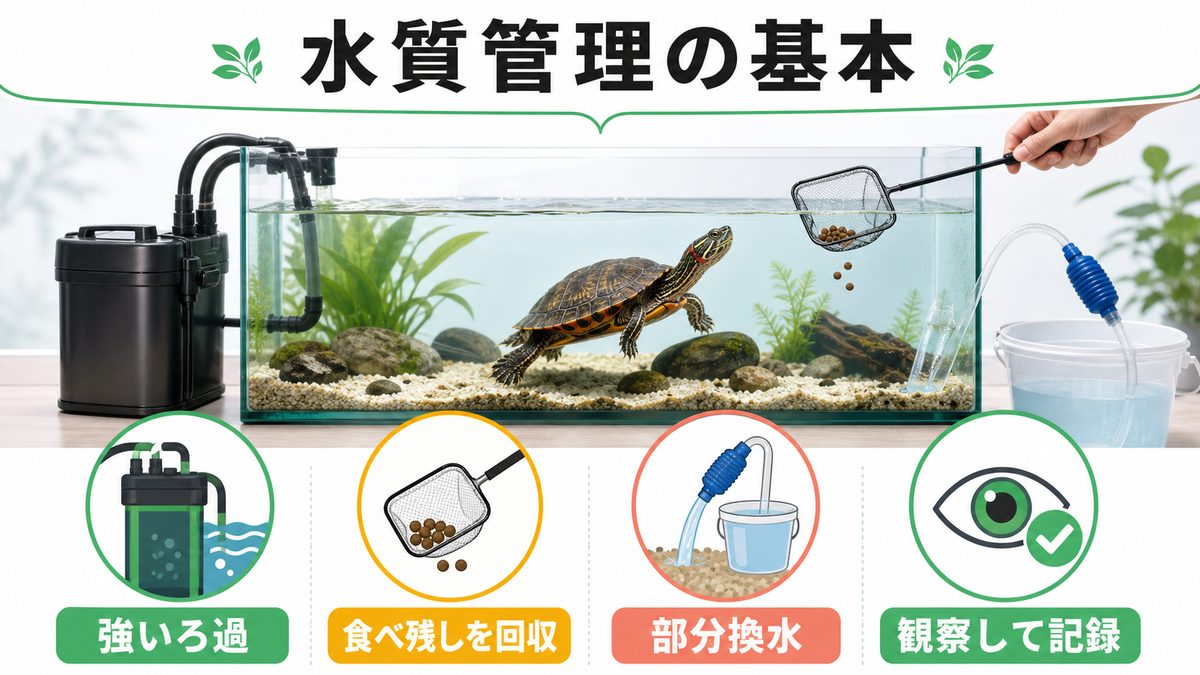 水質管理の基本の要点をまとめたカメレオン・爬虫類飼育インフォグラフィック