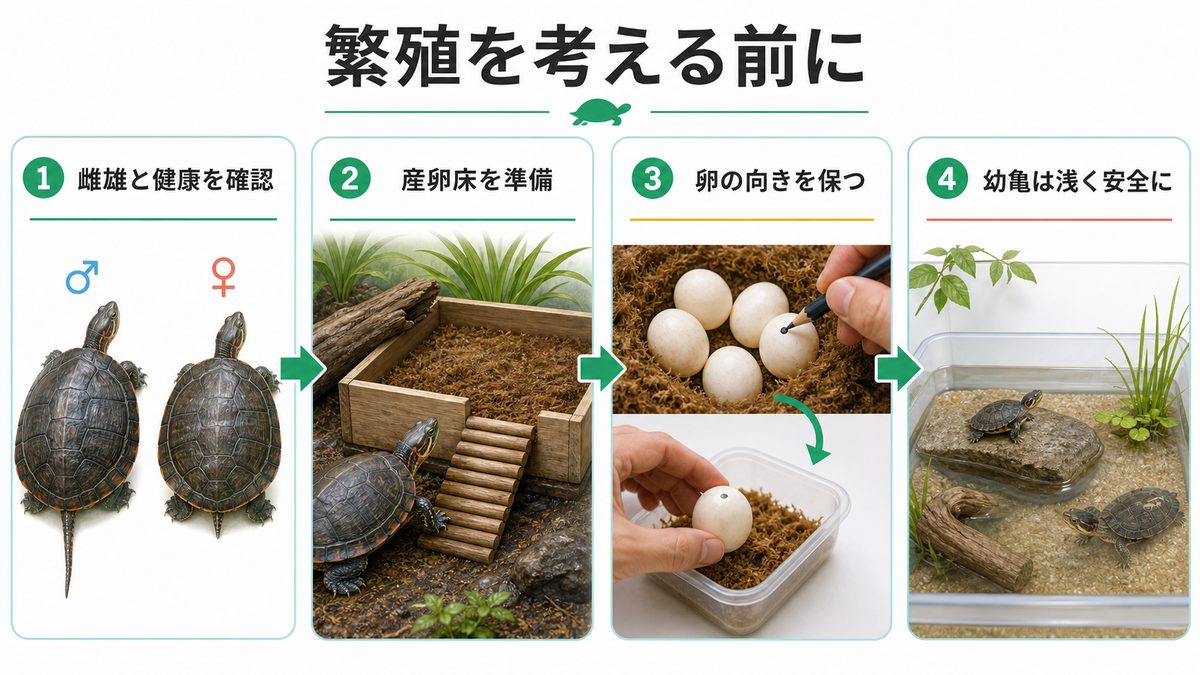 ベニクビガメの繁殖の要点をまとめたカメレオン・爬虫類飼育インフォグラフィック
