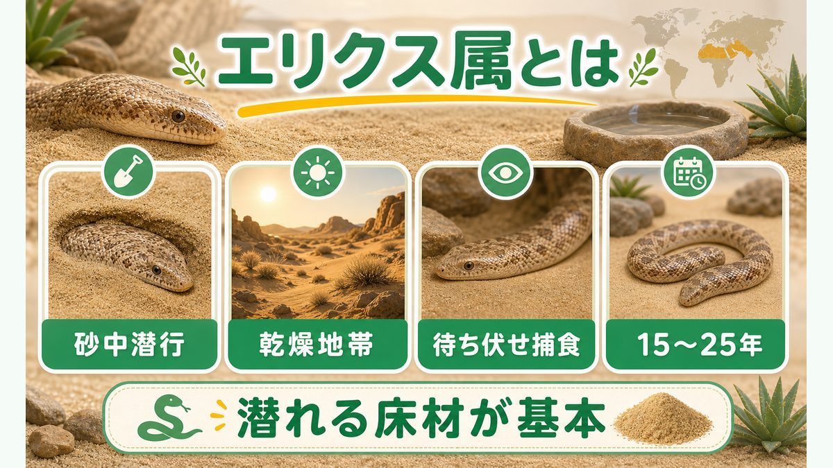 🌍 エリクス属(Eryx)の基本情報と生態的特徴の要点をまとめたカメレオン・爬虫類飼育インフォグラフィック