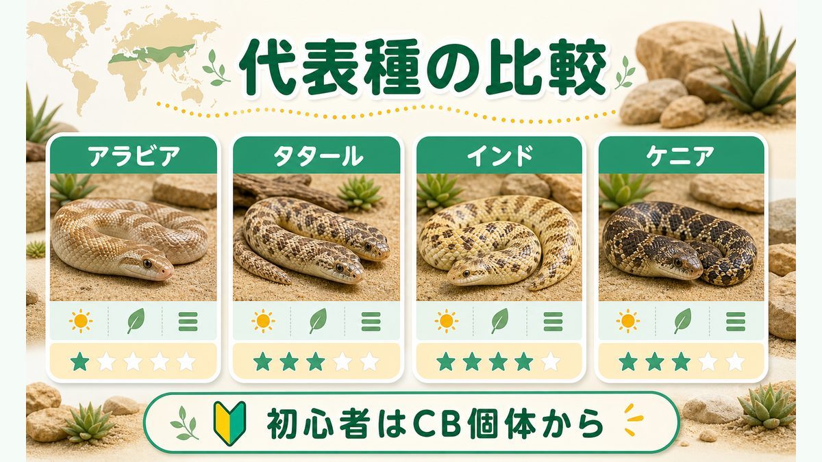 🐍 代表種の紹介と比較|エリクス属の顔ぶれの要点をまとめたカメレオン・爬虫類飼育インフォグラフィック