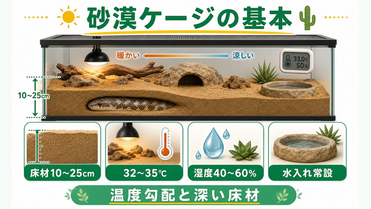 🏜️ 飼育環境設定|砂漠ケージの作り方の要点をまとめたカメレオン・爬虫類飼育インフォグラフィック