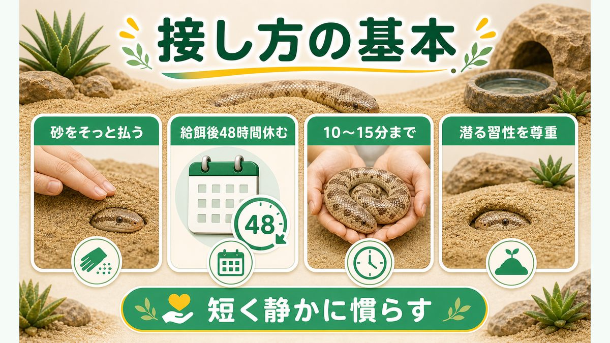 🤲 ハンドリング|地中性ヘビの特性を理解した接し方の要点をまとめたカメレオン・爬虫類飼育インフォグラフィック