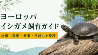 黄色い斑点のあるヨーロッパイシガメと湿地を描いた飼育ガイドのアイキャッチ