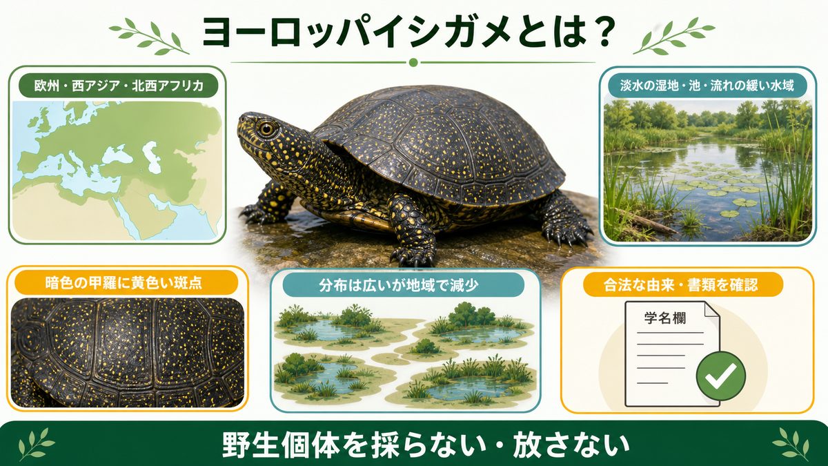 ヨーロッパイシガメの分布、生息環境、外見、保全と合法な由来確認を示す図
