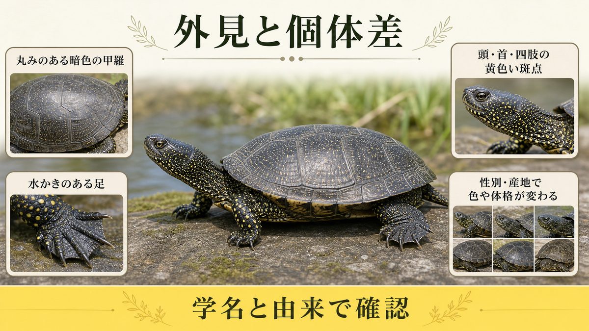 ヨーロッパイシガメの暗色の甲羅、黄色い斑点、水かきと個体差を示す図