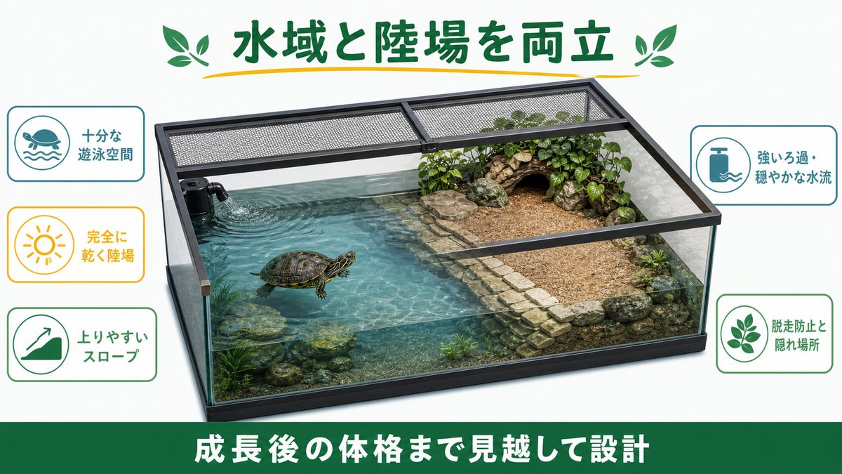 ヨーロッパイシガメの水域、乾く陸場、スロープ、ろ過、隠れ場所を示す水槽図