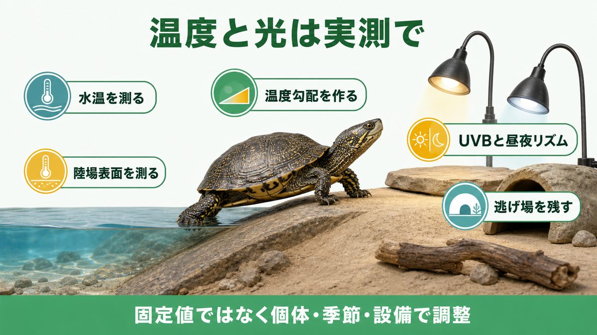 ヨーロッパイシガメの水温と陸場表面の実測、温度勾配、UVB、逃げ場を示す図