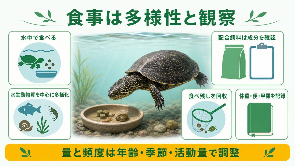 ヨーロッパイシガメの水中給餌、多様な食事、残餌回収、体重や便の記録を示す図
