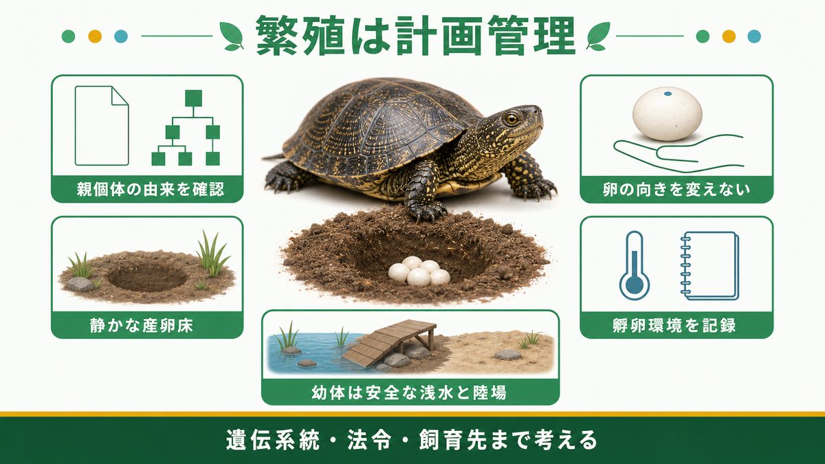ヨーロッパイシガメの親個体確認、産卵床、卵管理、孵卵記録、幼体環境を示す図