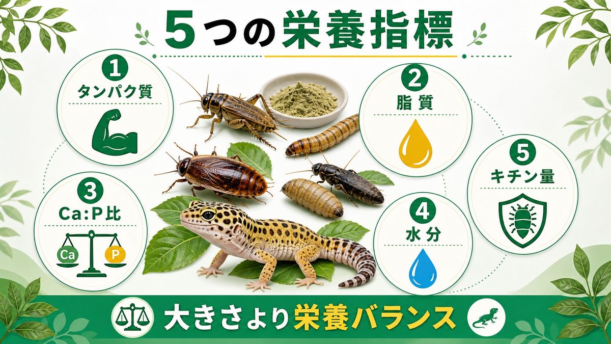 フィーダー昆虫選びで知っておきたい5つの栄養指標の要点をまとめたカメレオン・爬虫類飼育インフォグラフィック