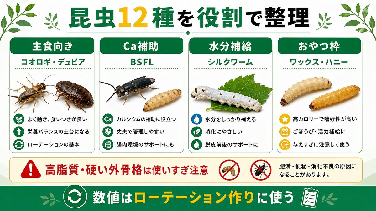 フィーダー昆虫12種の栄養成分一覧比較表の要点をまとめたカメレオン・爬虫類飼育インフォグラフィック