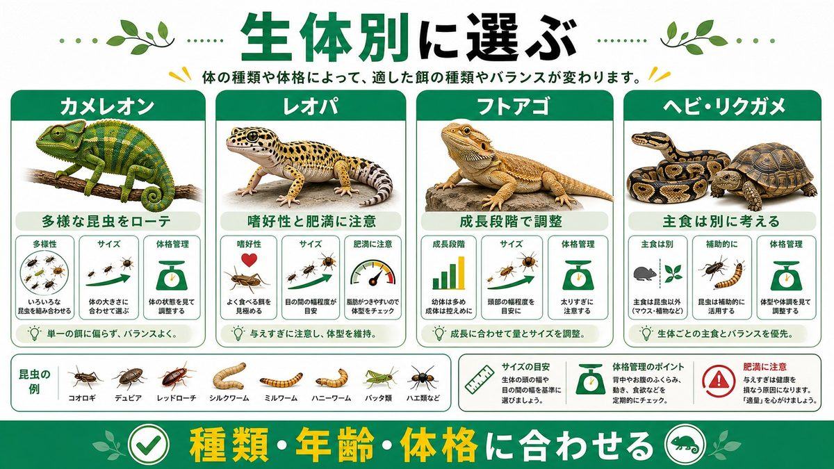 爬虫類別・最適フィーダー昆虫の選び方の要点をまとめたカメレオン・爬虫類飼育インフォグラフィック