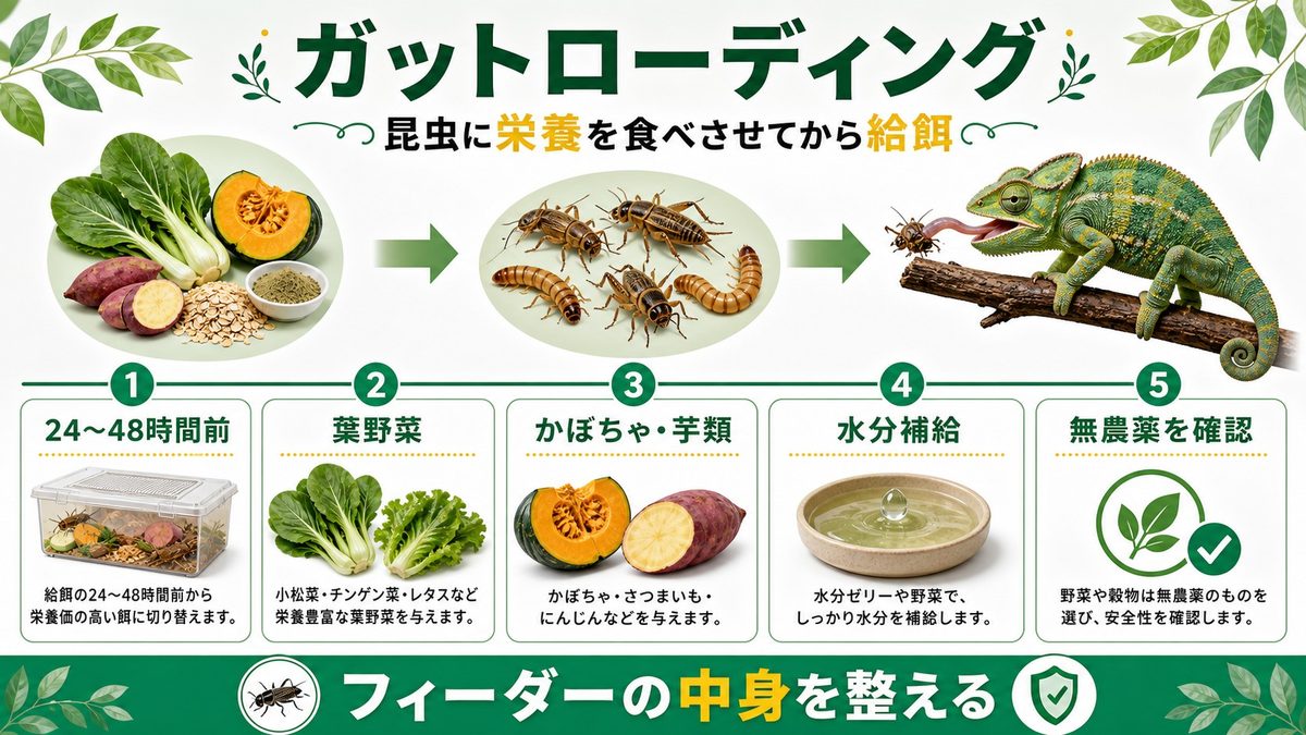 栄養を高めるガットローディング食材リストの要点をまとめたカメレオン・爬虫類飼育インフォグラフィック