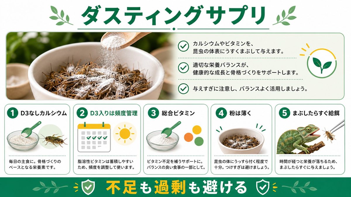 ダスティングサプリの使い方と頻度ガイドの要点をまとめたカメレオン・爬虫類飼育インフォグラフィック