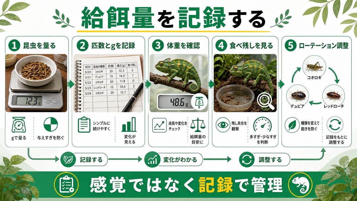 給餌量の管理と摂食重量の計算方法の要点をまとめたカメレオン・爬虫類飼育インフォグラフィック