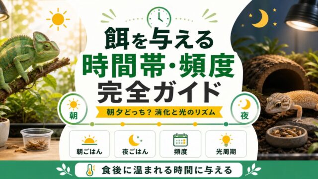 爬虫類の餌を与える時間帯・頻度完全ガイド｜朝夕どっち？消化と光のリズムに合わせる給餌の要点を伝えるカメレオン・爬虫類記事アイキャッチ画像