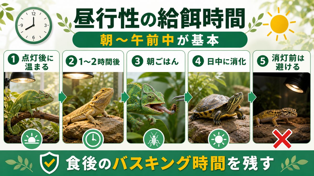 昼行性の爬虫類の給餌時間｜朝〜午前中がベストな理由の要点をまとめたカメレオン・爬虫類飼育インフォグラフィック