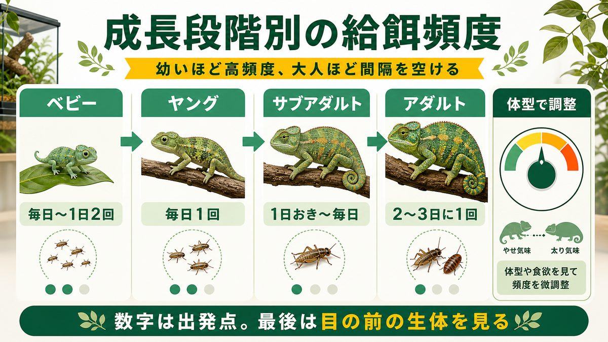 成長段階別の給餌頻度｜ベビー・ヤング・アダルトの目安の要点をまとめたカメレオン・爬虫類飼育インフォグラフィック