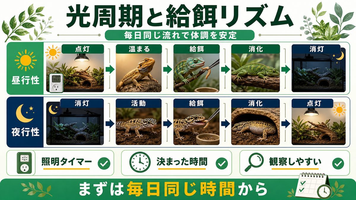 光周期と給餌リズムを揃える｜体調が安定する1日の設計の要点をまとめたカメレオン・爬虫類飼育インフォグラフィック