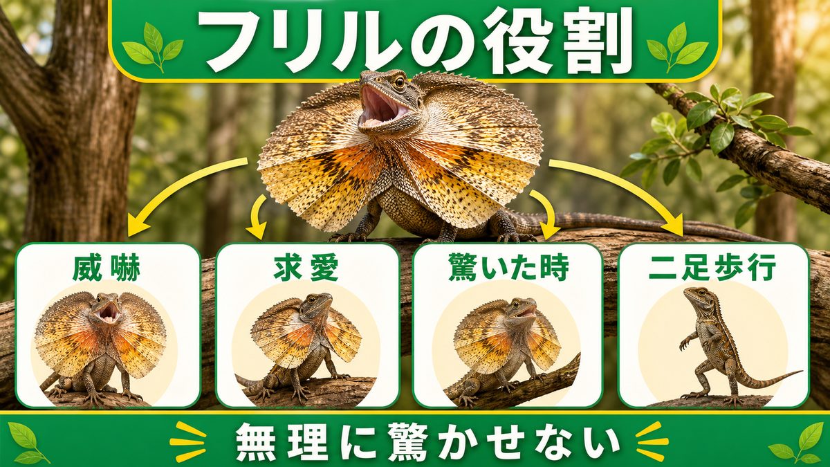 フリルの仕組みと生態の秘密の要点をまとめたカメレオン・爬虫類飼育インフォグラフィック