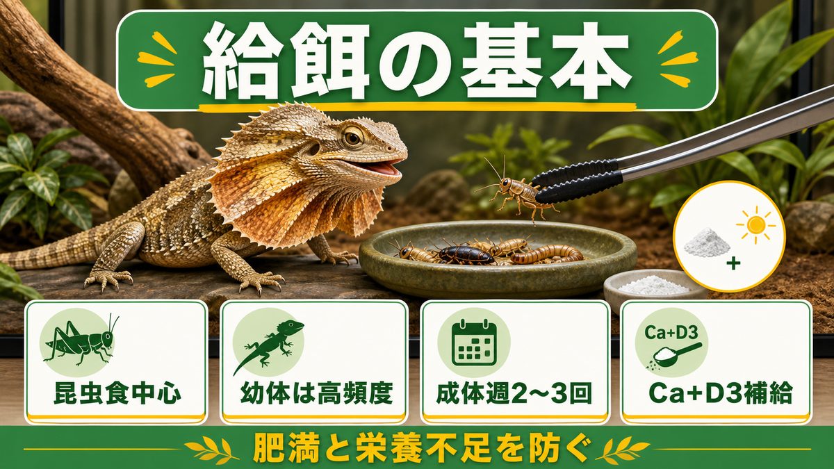 餌・給餌ガイドの要点をまとめたカメレオン・爬虫類飼育インフォグラフィック