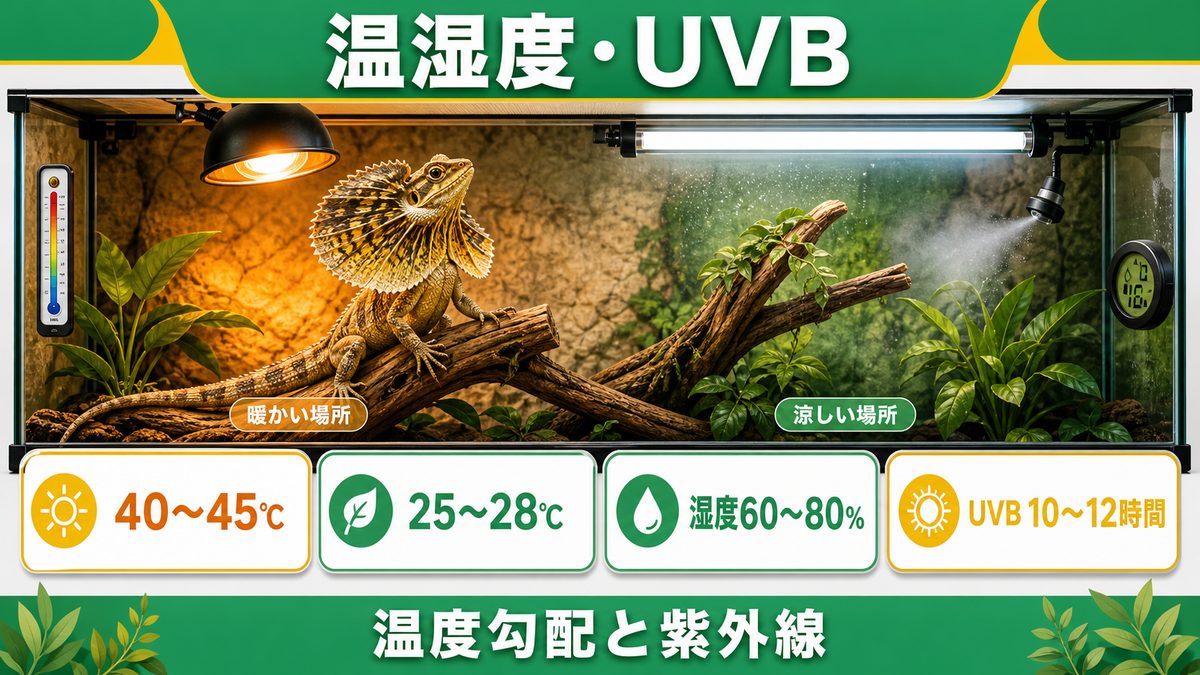 温湿度・UVB管理の要点をまとめたカメレオン・爬虫類飼育インフォグラフィック