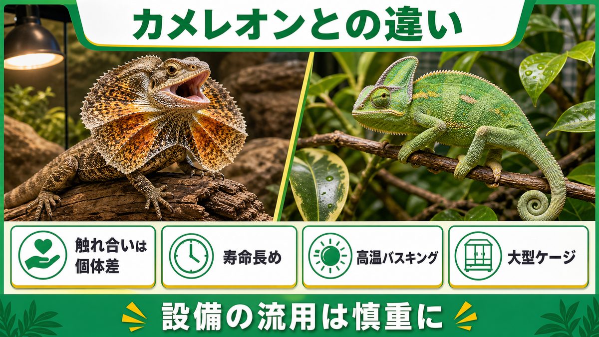 エリマキトカゲとカメレオンの違いの要点をまとめたカメレオン・爬虫類飼育インフォグラフィック