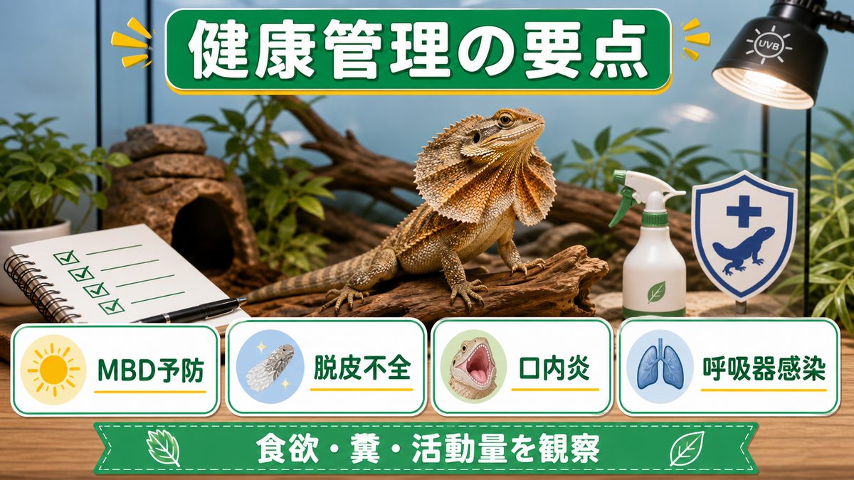 注意点・健康管理の要点をまとめたカメレオン・爬虫類飼育インフォグラフィック