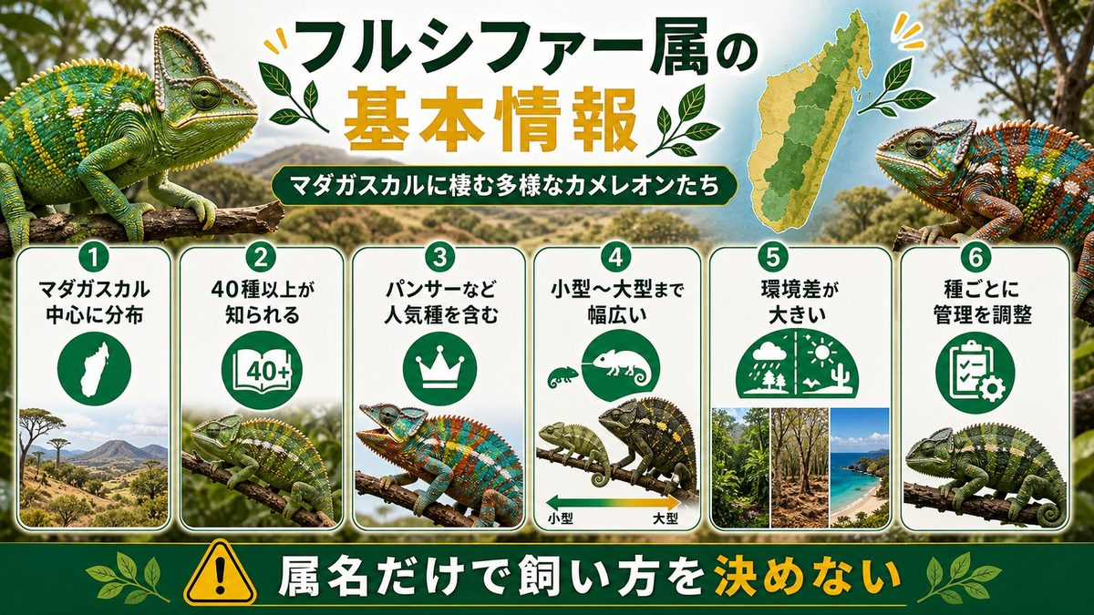 フルシファー属とは?マダガスカルに棲む多様なカメレオンたちの要点をまとめたカメレオン・爬虫類飼育インフォグラフィック