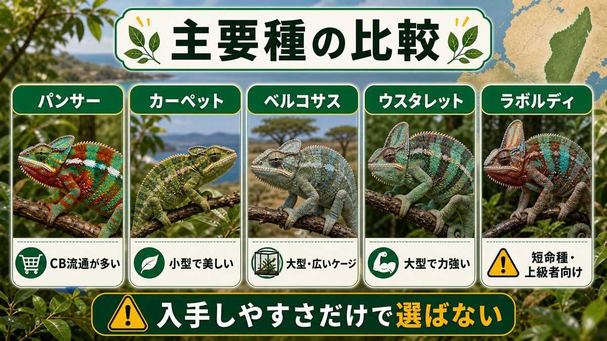 主要種の特徴と入手しやすさの要点をまとめたカメレオン・爬虫類飼育インフォグラフィック