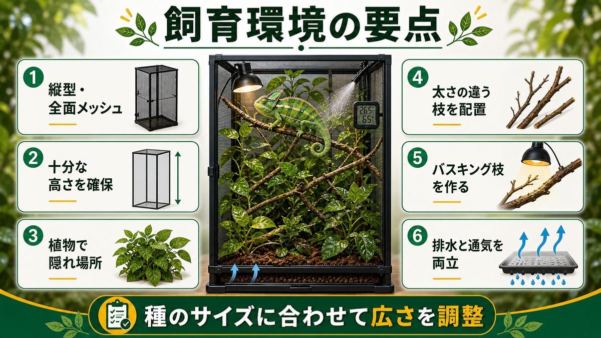 飼育環境の基本設定(ケージ・レイアウト)の要点をまとめたカメレオン・爬虫類飼育インフォグラフィック