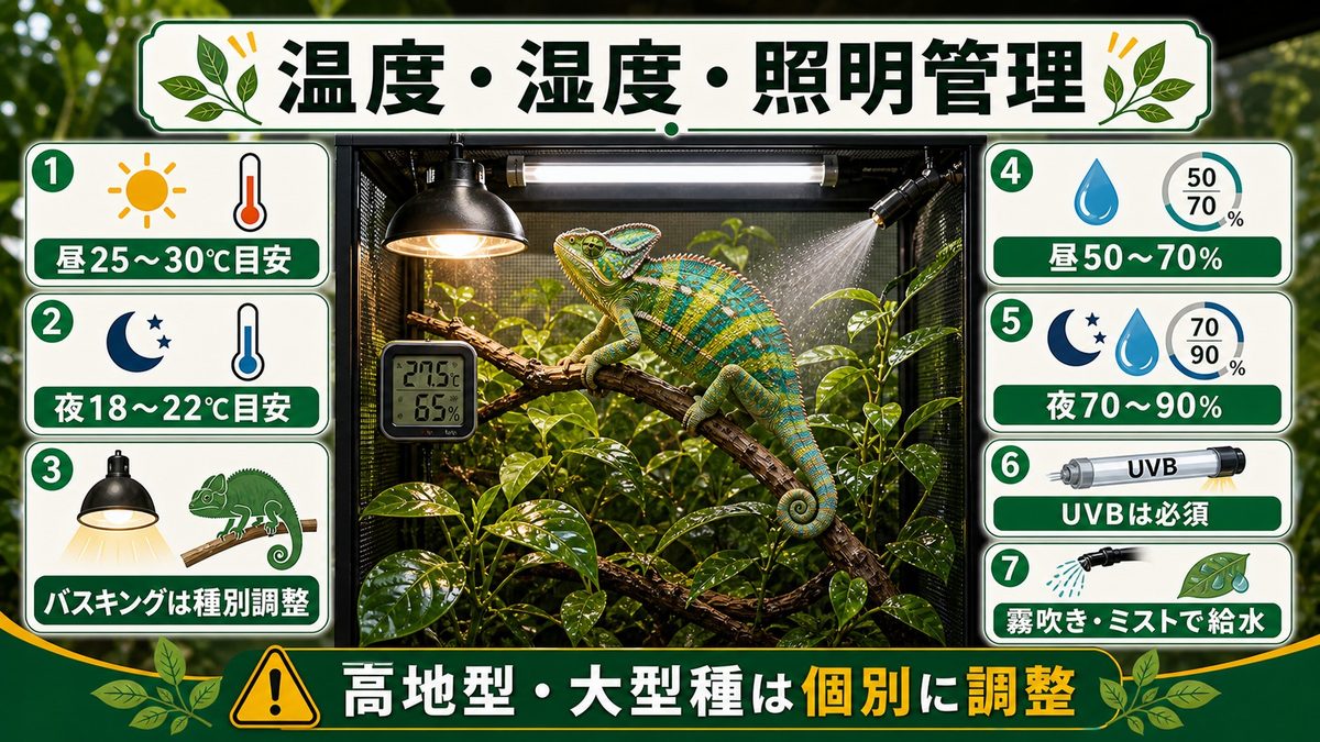 温度・湿度・照明の管理の要点をまとめたカメレオン・爬虫類飼育インフォグラフィック