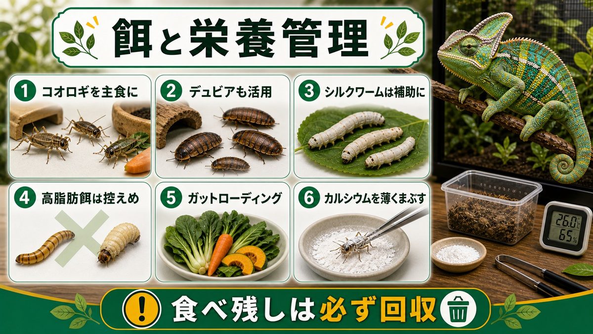 餌と栄養管理の基本の要点をまとめたカメレオン・爬虫類飼育インフォグラフィック
