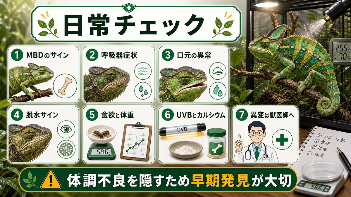 注意すべき疾患と日常チェックの要点をまとめたカメレオン・爬虫類飼育インフォグラフィック