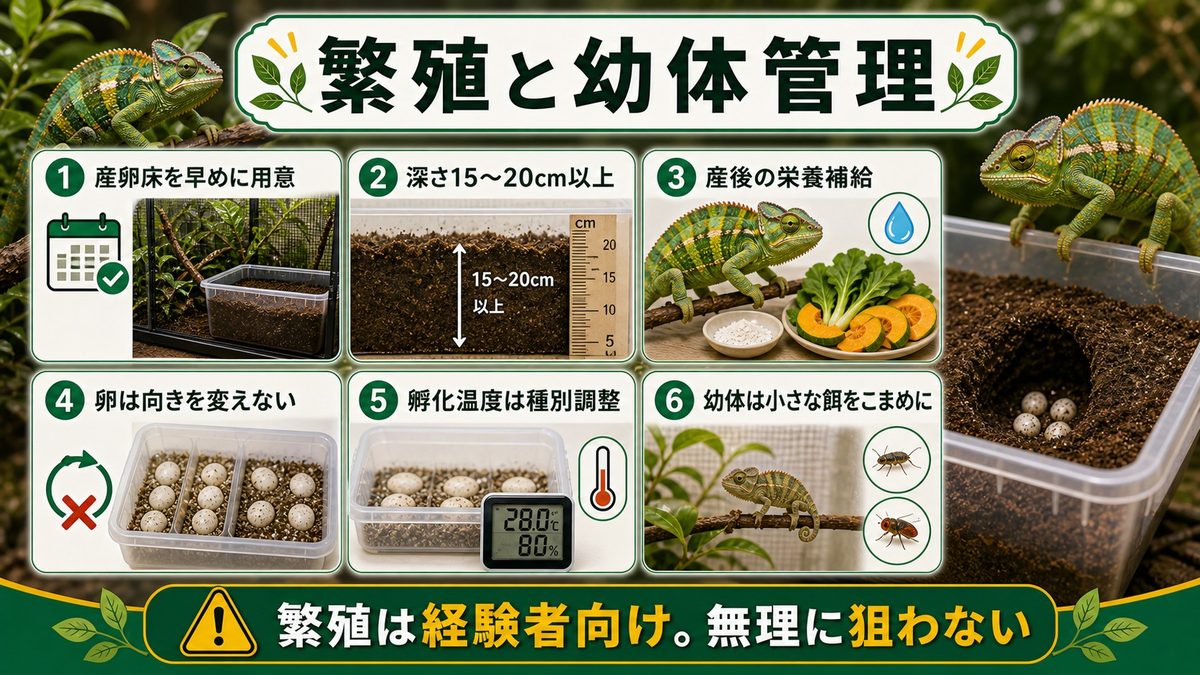 フルシファー属の繁殖と幼体管理の基礎知識の要点をまとめたカメレオン・爬虫類飼育インフォグラフィック