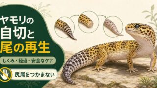 ヤモリの尾の自切から再生までのしくみと安全な自切後ケアを示す図解